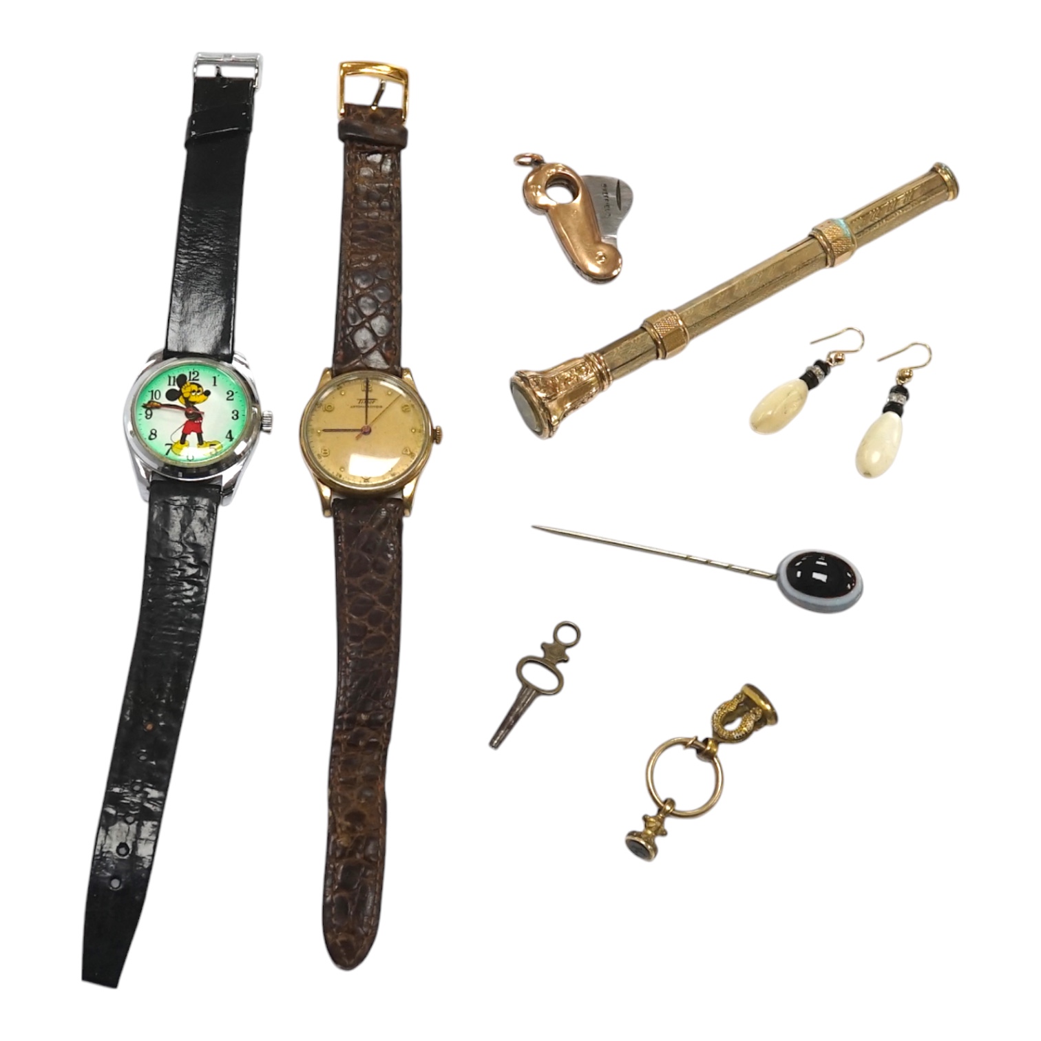 Assorted jewellery including a George V 9ct gold mounted cigar cutter, stick pin and propelling pencil and two gentleman's wrist watches, Tissot and Mickey Mouse. Condition - poor to fair